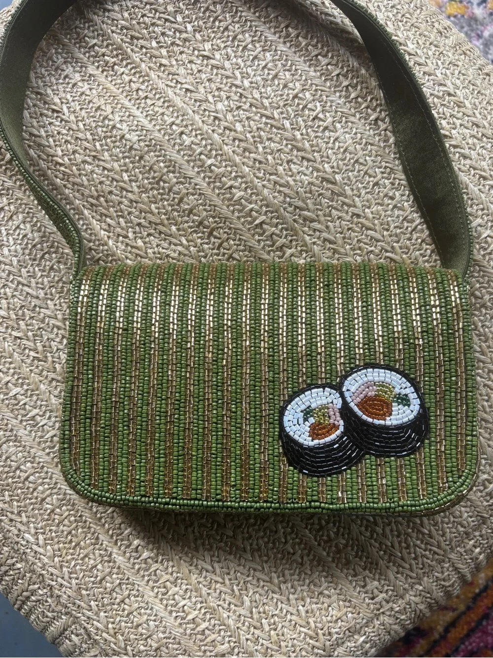 Viral Tik Tok Beaded Sushi Motif Green Bag, rare, NWT, made in India - Picture 4 of 5